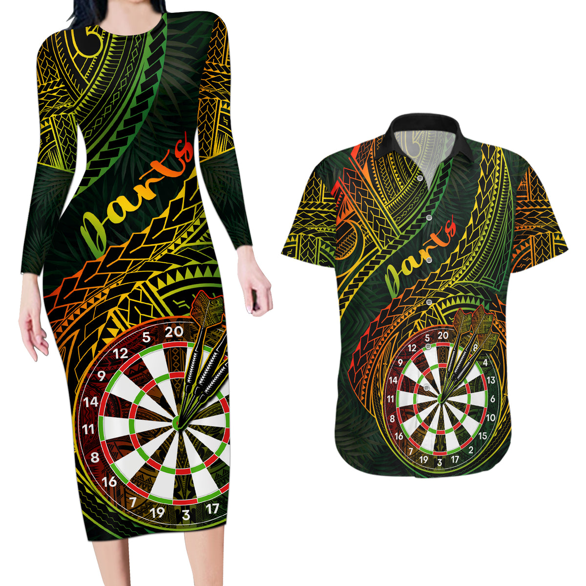 Personalised Polynesian Darts Couples Matching Long Sleeve Bodycon Dress and Hawaiian Shirt Dart Lovers Tribal Pattern Mix Tropical Leaves - Wonder Print Shop