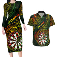 Personalised Polynesian Darts Couples Matching Long Sleeve Bodycon Dress and Hawaiian Shirt Dart Lovers Tribal Pattern Mix Tropical Leaves - Wonder Print Shop