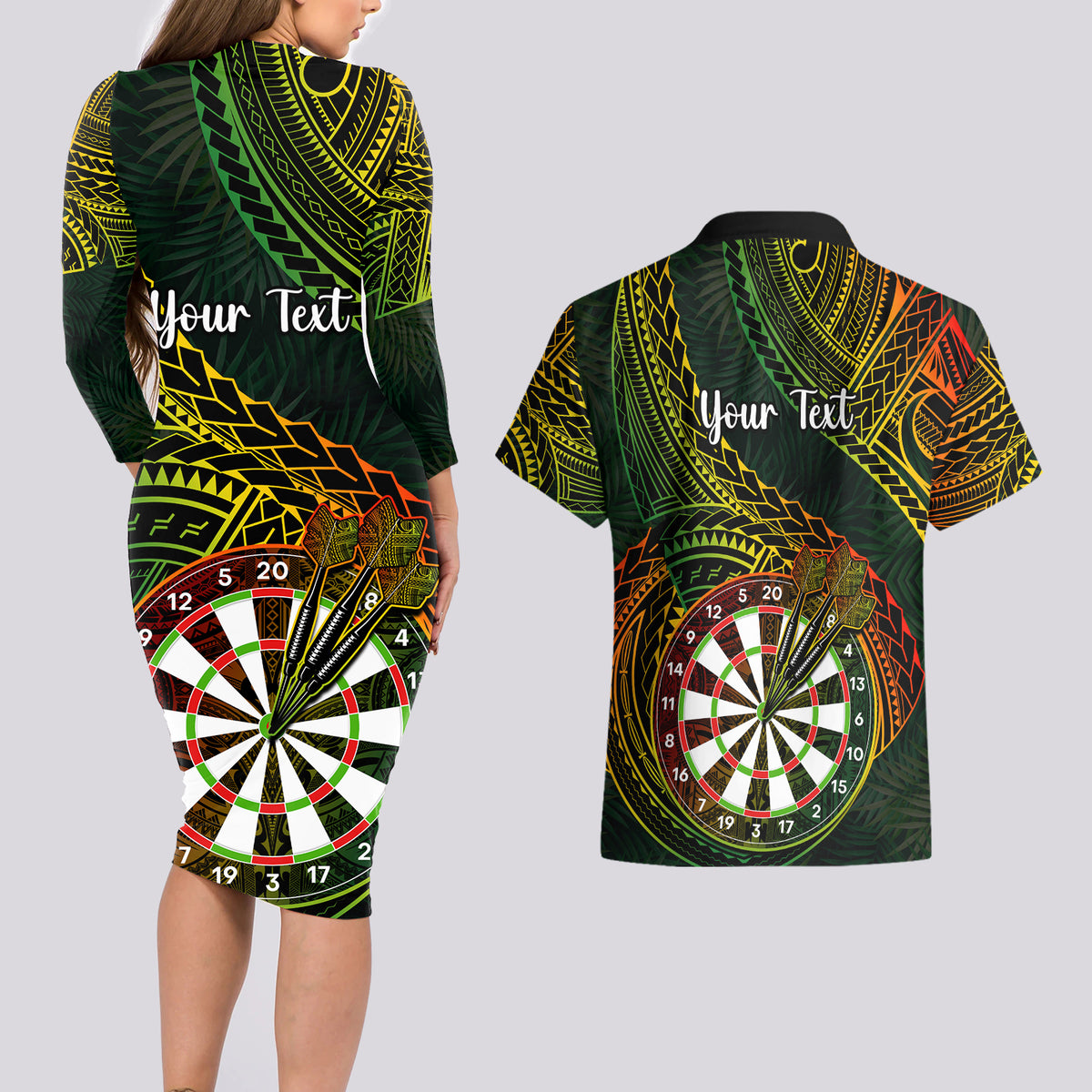 Personalised Polynesian Darts Couples Matching Long Sleeve Bodycon Dress and Hawaiian Shirt Dart Lovers Tribal Pattern Mix Tropical Leaves - Wonder Print Shop