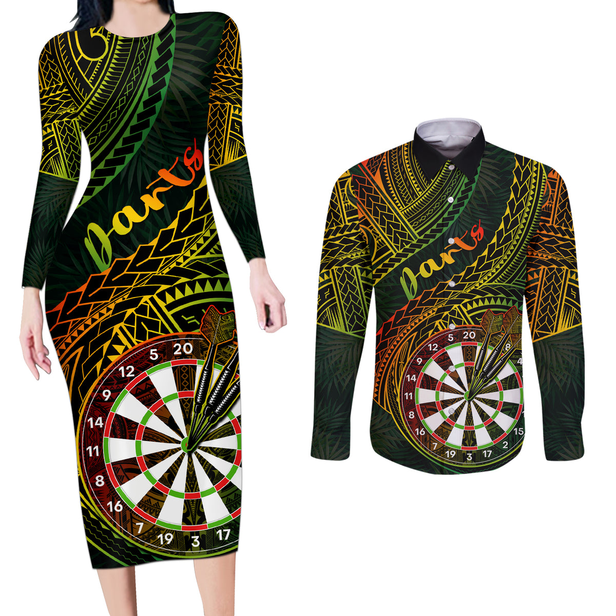 Personalised Polynesian Darts Couples Matching Long Sleeve Bodycon Dress and Long Sleeve Button Shirts Dart Lovers Tribal Pattern Mix Tropical Leaves - Wonder Print Shop