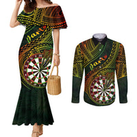 personalised-polynesian-darts-couples-matching-mermaid-dress-and-long-sleeve-button-shirts-dart-lovers-tribal-pattern-mix-tropical-leaves