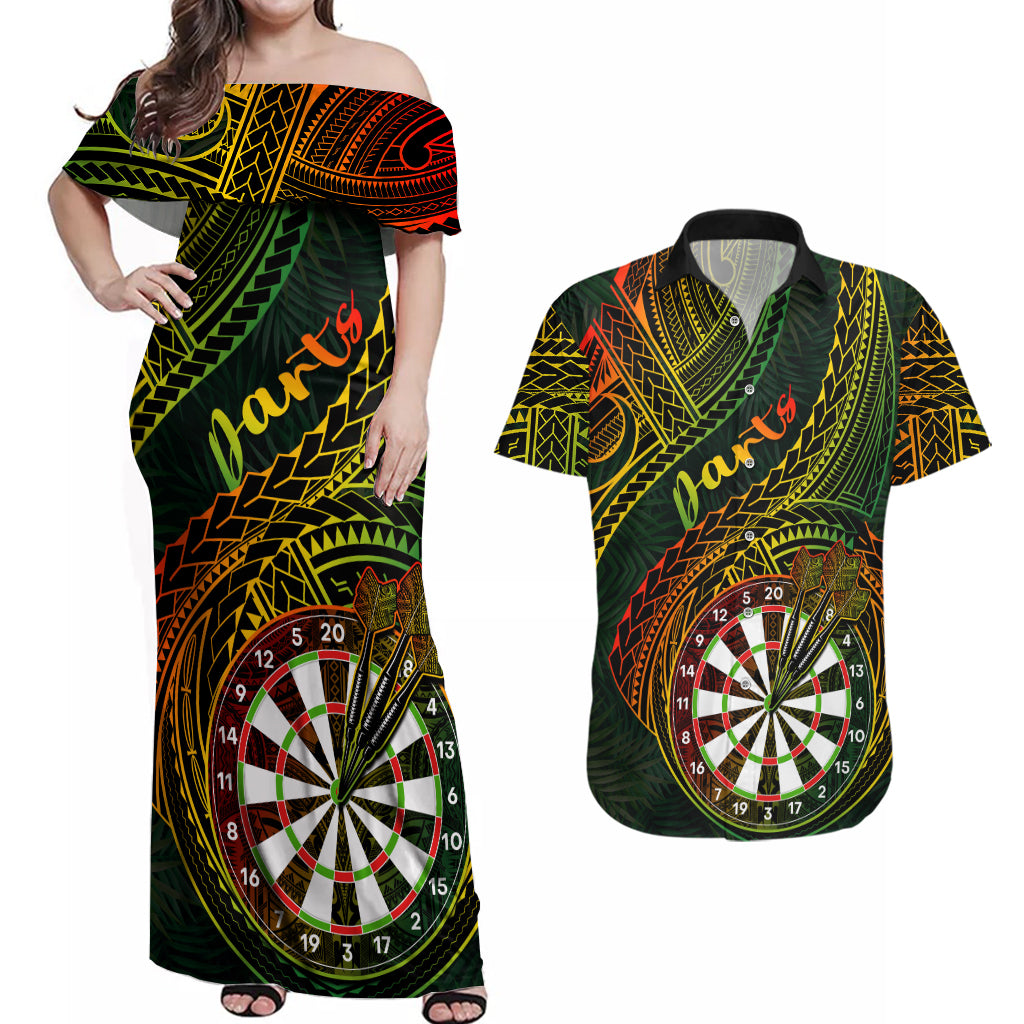 Personalised Polynesian Darts Couples Matching Off Shoulder Maxi Dress and Hawaiian Shirt Dart Lovers Tribal Pattern Mix Tropical Leaves - Wonder Print Shop