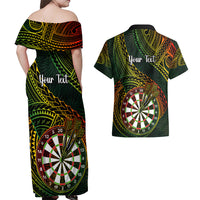 Personalised Polynesian Darts Couples Matching Off Shoulder Maxi Dress and Hawaiian Shirt Dart Lovers Tribal Pattern Mix Tropical Leaves - Wonder Print Shop