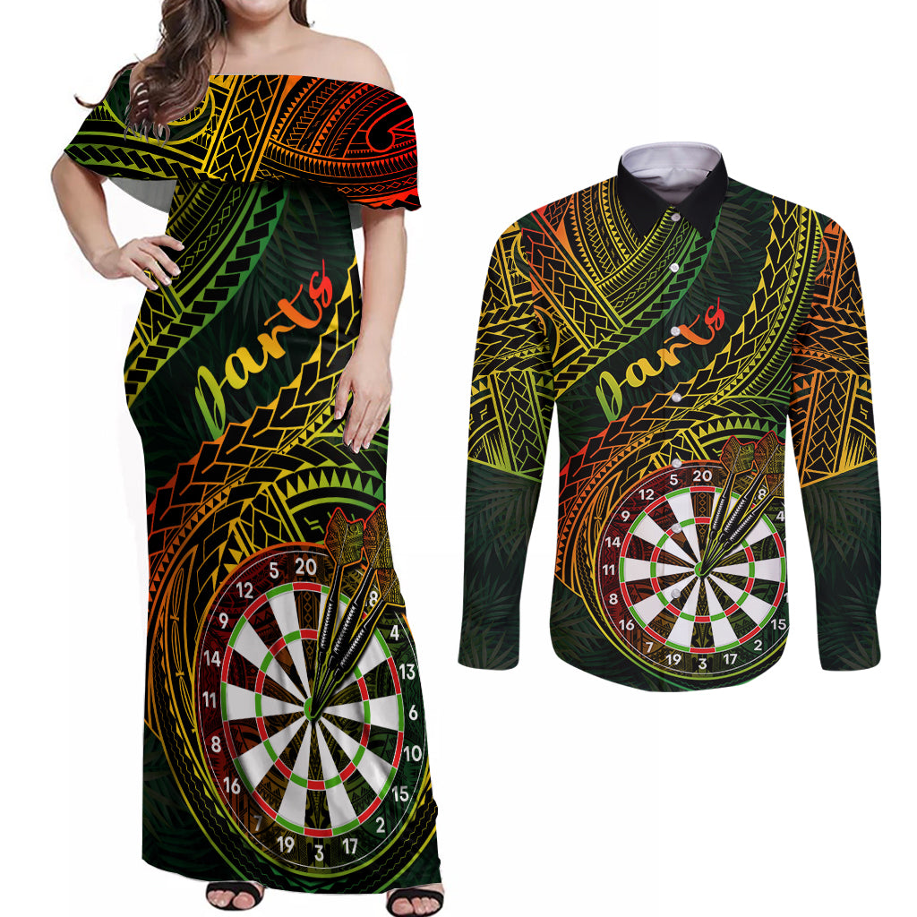 Personalised Polynesian Darts Couples Matching Off Shoulder Maxi Dress and Long Sleeve Button Shirts Dart Lovers Tribal Pattern Mix Tropical Leaves - Wonder Print Shop