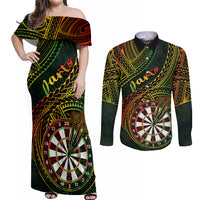 Personalised Polynesian Darts Couples Matching Off Shoulder Maxi Dress and Long Sleeve Button Shirts Dart Lovers Tribal Pattern Mix Tropical Leaves - Wonder Print Shop