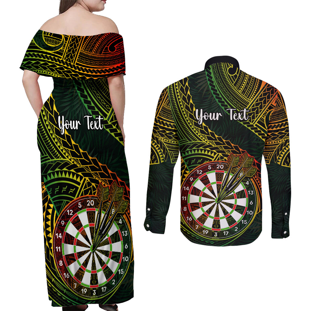 Personalised Polynesian Darts Couples Matching Off Shoulder Maxi Dress and Long Sleeve Button Shirts Dart Lovers Tribal Pattern Mix Tropical Leaves - Wonder Print Shop