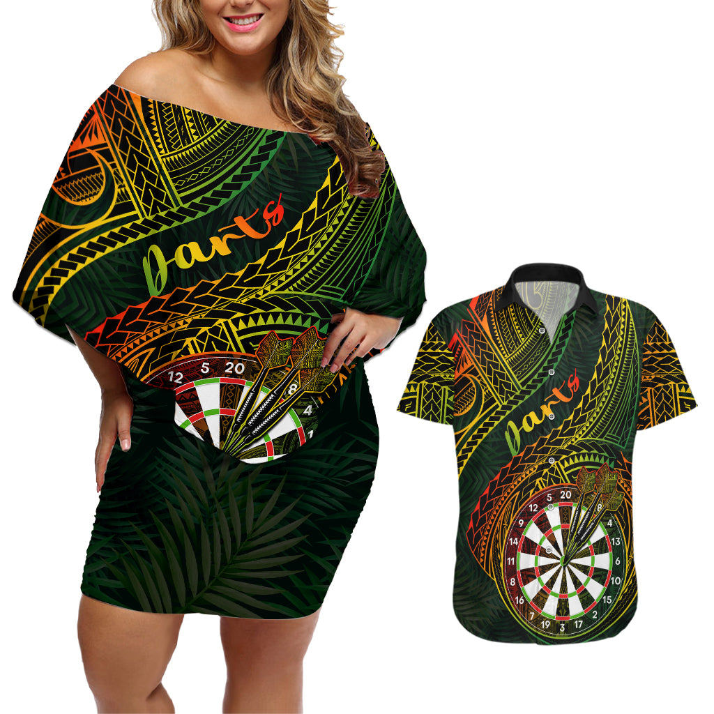 Personalised Polynesian Darts Couples Matching Off Shoulder Short Dress and Hawaiian Shirt Dart Lovers Tribal Pattern Mix Tropical Leaves - Wonder Print Shop