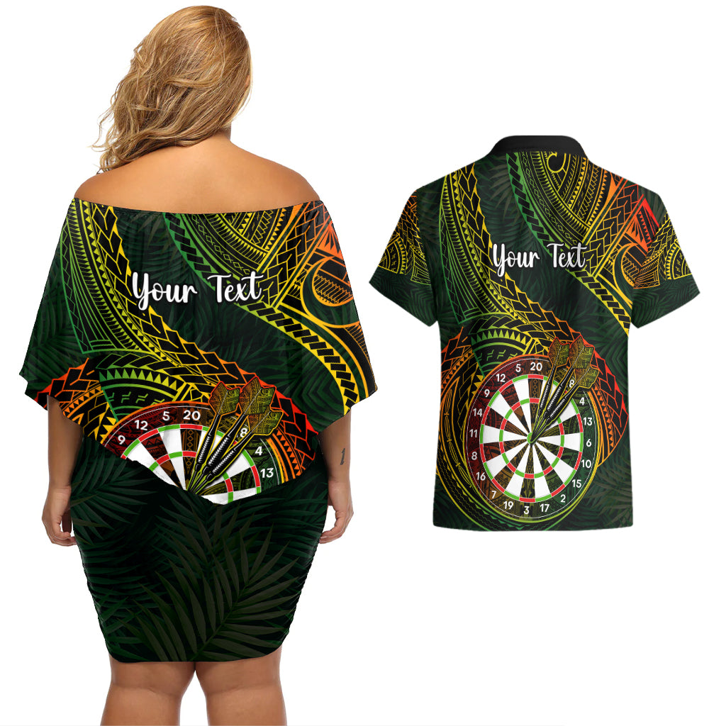 Personalised Polynesian Darts Couples Matching Off Shoulder Short Dress and Hawaiian Shirt Dart Lovers Tribal Pattern Mix Tropical Leaves - Wonder Print Shop