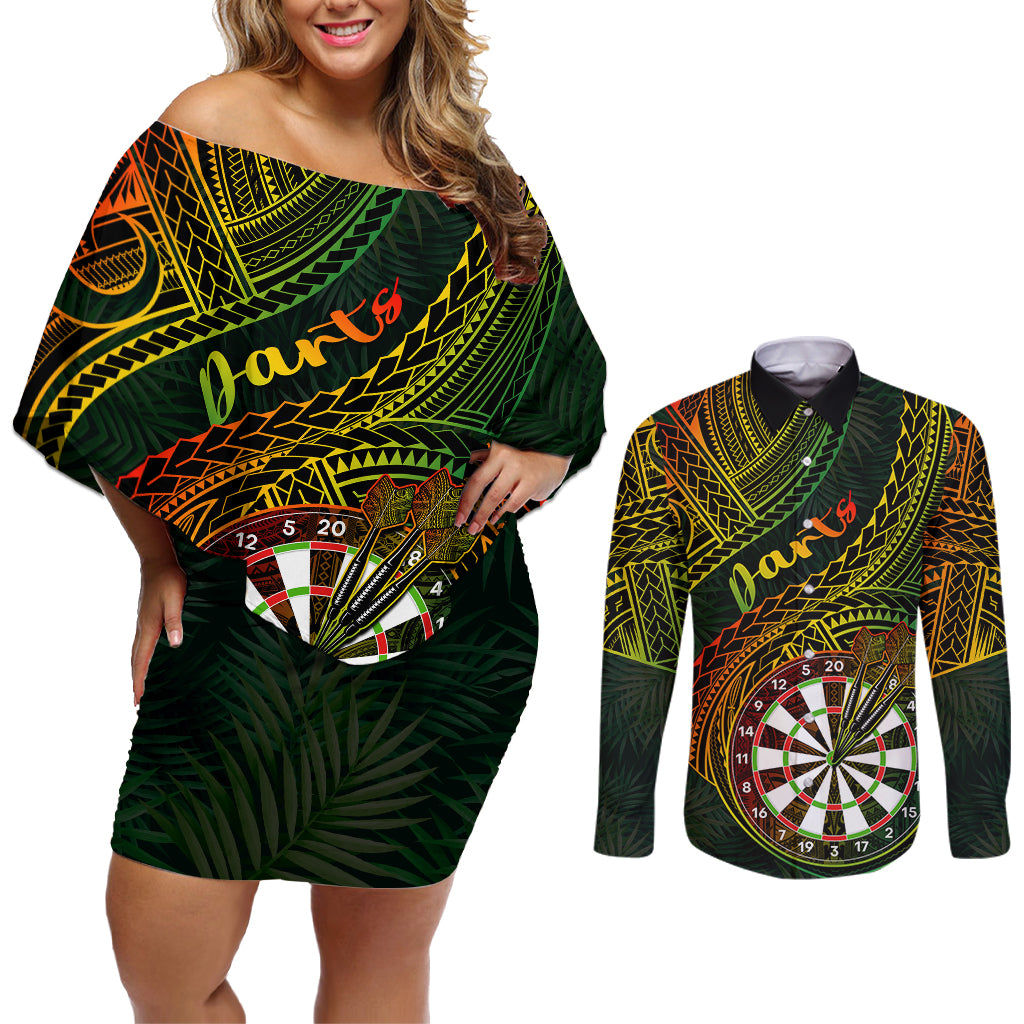 Personalised Polynesian Darts Couples Matching Off Shoulder Short Dress and Long Sleeve Button Shirts Dart Lovers Tribal Pattern Mix Tropical Leaves - Wonder Print Shop