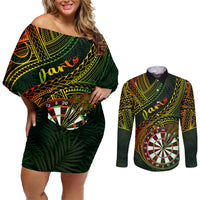 Personalised Polynesian Darts Couples Matching Off Shoulder Short Dress and Long Sleeve Button Shirts Dart Lovers Tribal Pattern Mix Tropical Leaves - Wonder Print Shop