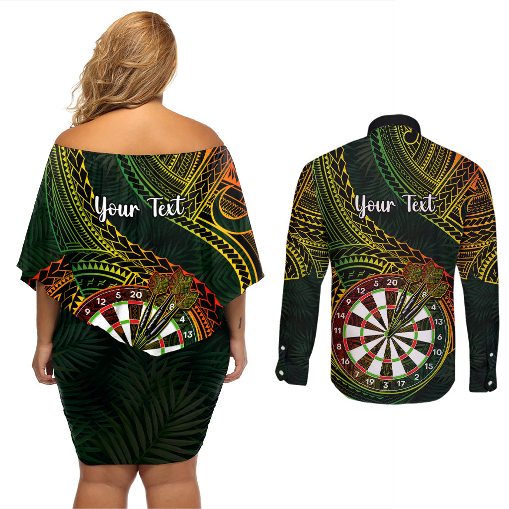 Personalised Polynesian Darts Couples Matching Off Shoulder Short Dress and Long Sleeve Button Shirts Dart Lovers Tribal Pattern Mix Tropical Leaves - Wonder Print Shop