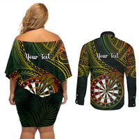 Personalised Polynesian Darts Couples Matching Off Shoulder Short Dress and Long Sleeve Button Shirts Dart Lovers Tribal Pattern Mix Tropical Leaves - Wonder Print Shop