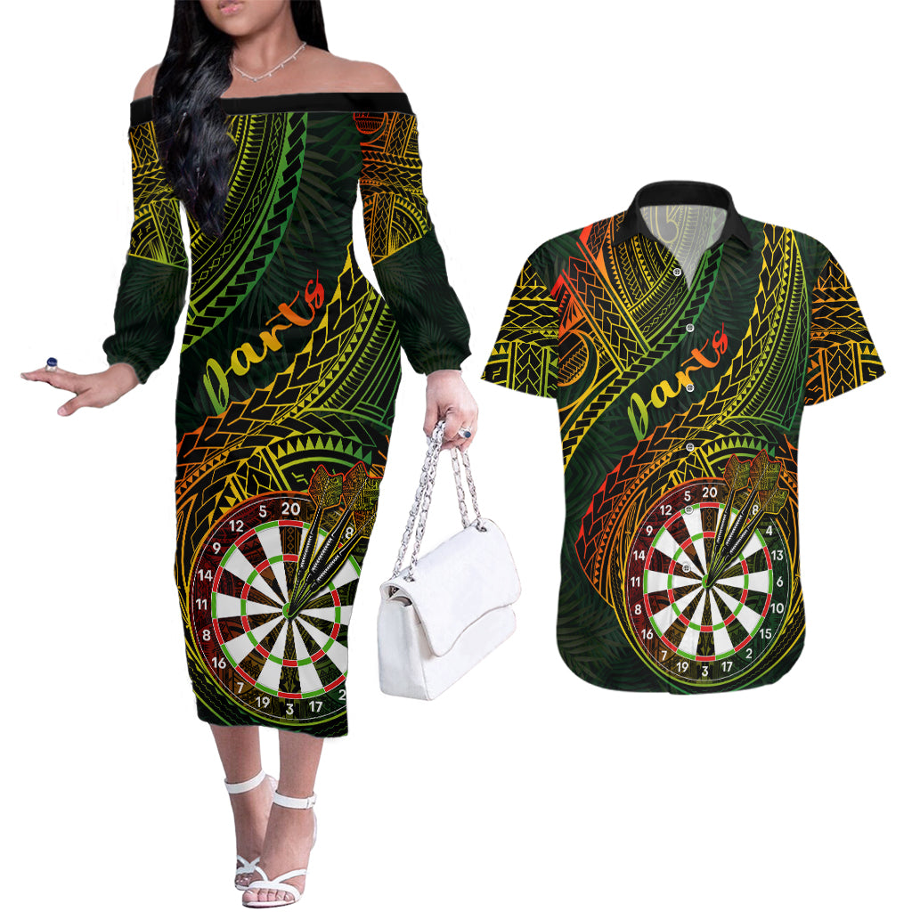 Personalised Polynesian Darts Couples Matching Off The Shoulder Long Sleeve Dress and Hawaiian Shirt Dart Lovers Tribal Pattern Mix Tropical Leaves - Wonder Print Shop