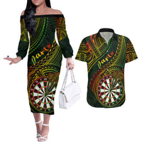 Personalised Polynesian Darts Couples Matching Off The Shoulder Long Sleeve Dress and Hawaiian Shirt Dart Lovers Tribal Pattern Mix Tropical Leaves - Wonder Print Shop