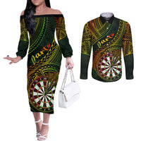 personalised-polynesian-darts-couples-matching-off-the-shoulder-long-sleeve-dress-and-long-sleeve-button-shirts-dart-lovers-tribal-pattern-mix-tropical-leaves
