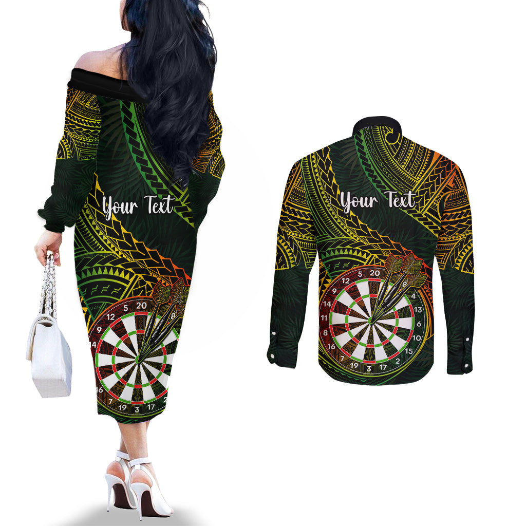 personalised-polynesian-darts-couples-matching-off-the-shoulder-long-sleeve-dress-and-long-sleeve-button-shirts-dart-lovers-tribal-pattern-mix-tropical-leaves