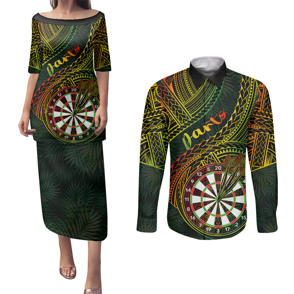 Personalised Polynesian Darts Couples Matching Puletasi Dress and Long Sleeve Button Shirts Dart Lovers Tribal Pattern Mix Tropical Leaves - Wonder Print Shop