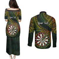 Personalised Polynesian Darts Couples Matching Puletasi Dress and Long Sleeve Button Shirts Dart Lovers Tribal Pattern Mix Tropical Leaves - Wonder Print Shop
