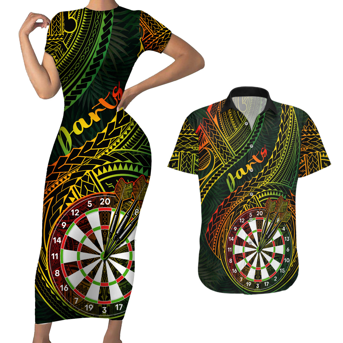 Personalised Polynesian Darts Couples Matching Short Sleeve Bodycon Dress and Hawaiian Shirt Dart Lovers Tribal Pattern Mix Tropical Leaves - Wonder Print Shop
