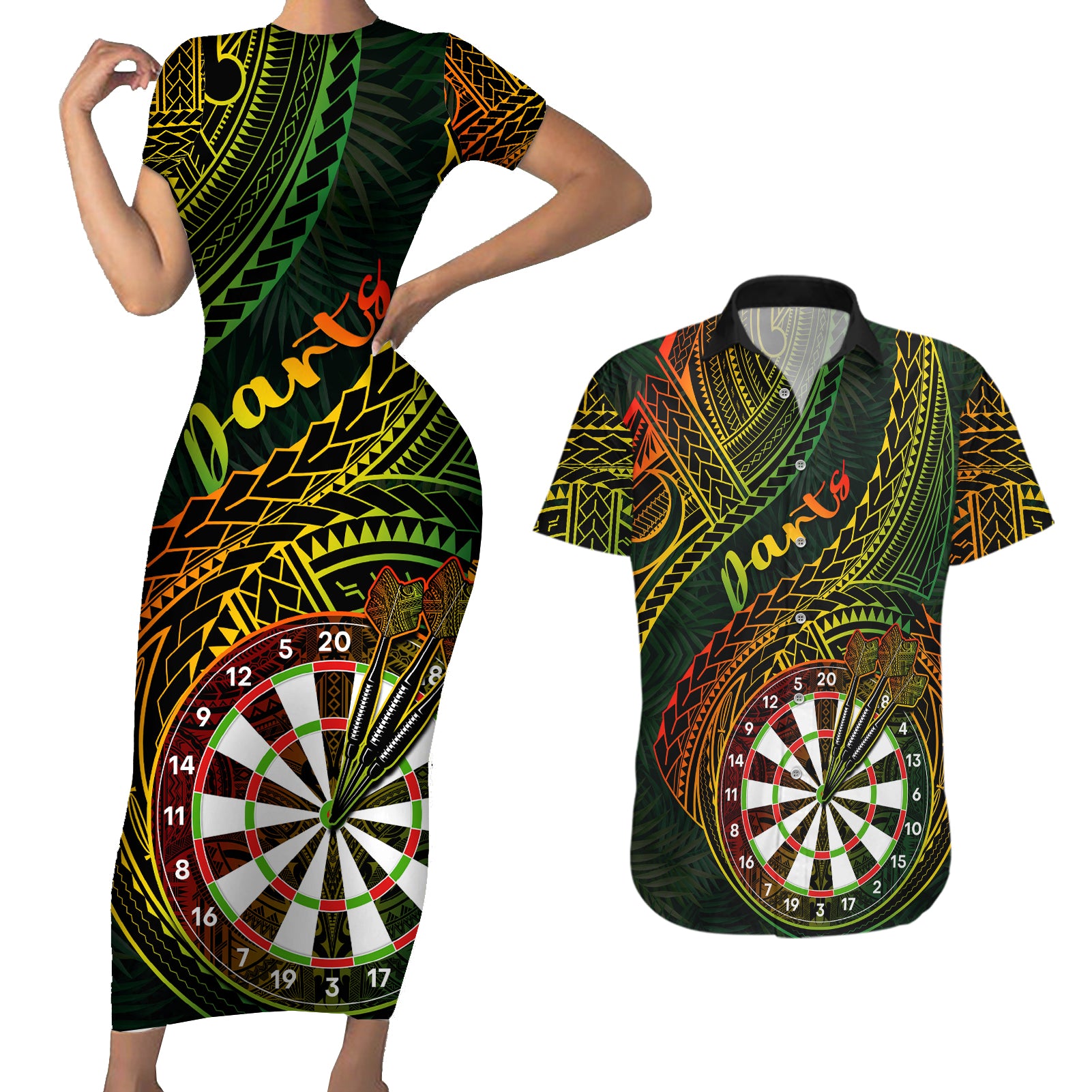 Personalised Polynesian Darts Couples Matching Short Sleeve Bodycon Dress and Hawaiian Shirt Dart Lovers Tribal Pattern Mix Tropical Leaves - Wonder Print Shop