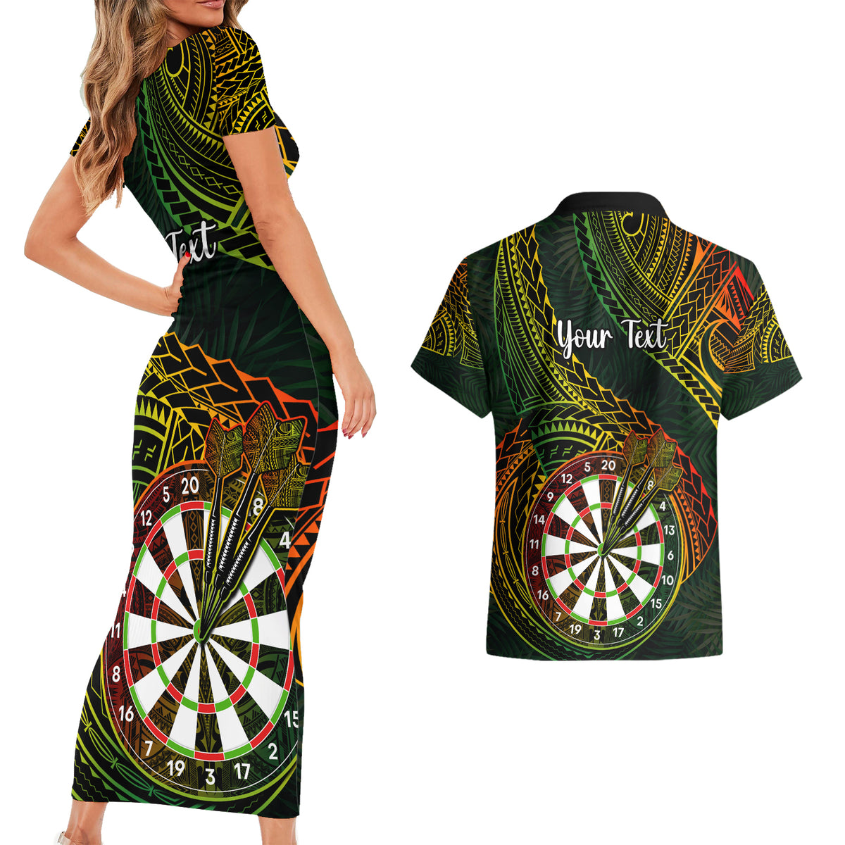 Personalised Polynesian Darts Couples Matching Short Sleeve Bodycon Dress and Hawaiian Shirt Dart Lovers Tribal Pattern Mix Tropical Leaves - Wonder Print Shop