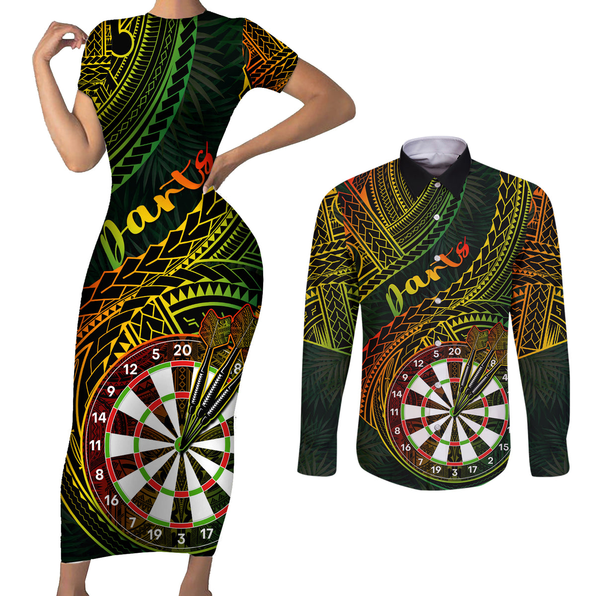 Personalised Polynesian Darts Couples Matching Short Sleeve Bodycon Dress and Long Sleeve Button Shirts Dart Lovers Tribal Pattern Mix Tropical Leaves - Wonder Print Shop