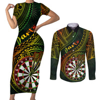Personalised Polynesian Darts Couples Matching Short Sleeve Bodycon Dress and Long Sleeve Button Shirts Dart Lovers Tribal Pattern Mix Tropical Leaves - Wonder Print Shop