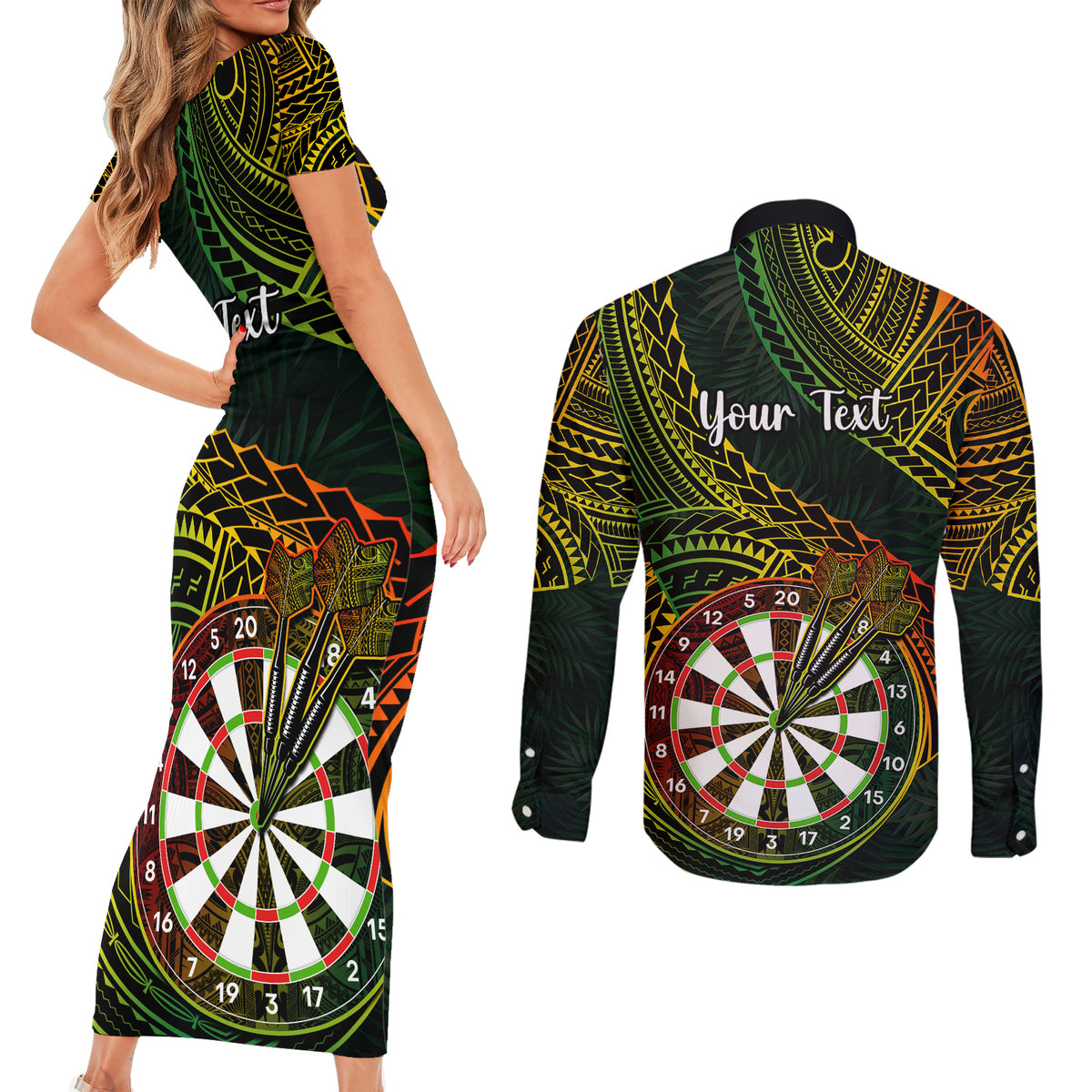 Personalised Polynesian Darts Couples Matching Short Sleeve Bodycon Dress and Long Sleeve Button Shirts Dart Lovers Tribal Pattern Mix Tropical Leaves - Wonder Print Shop