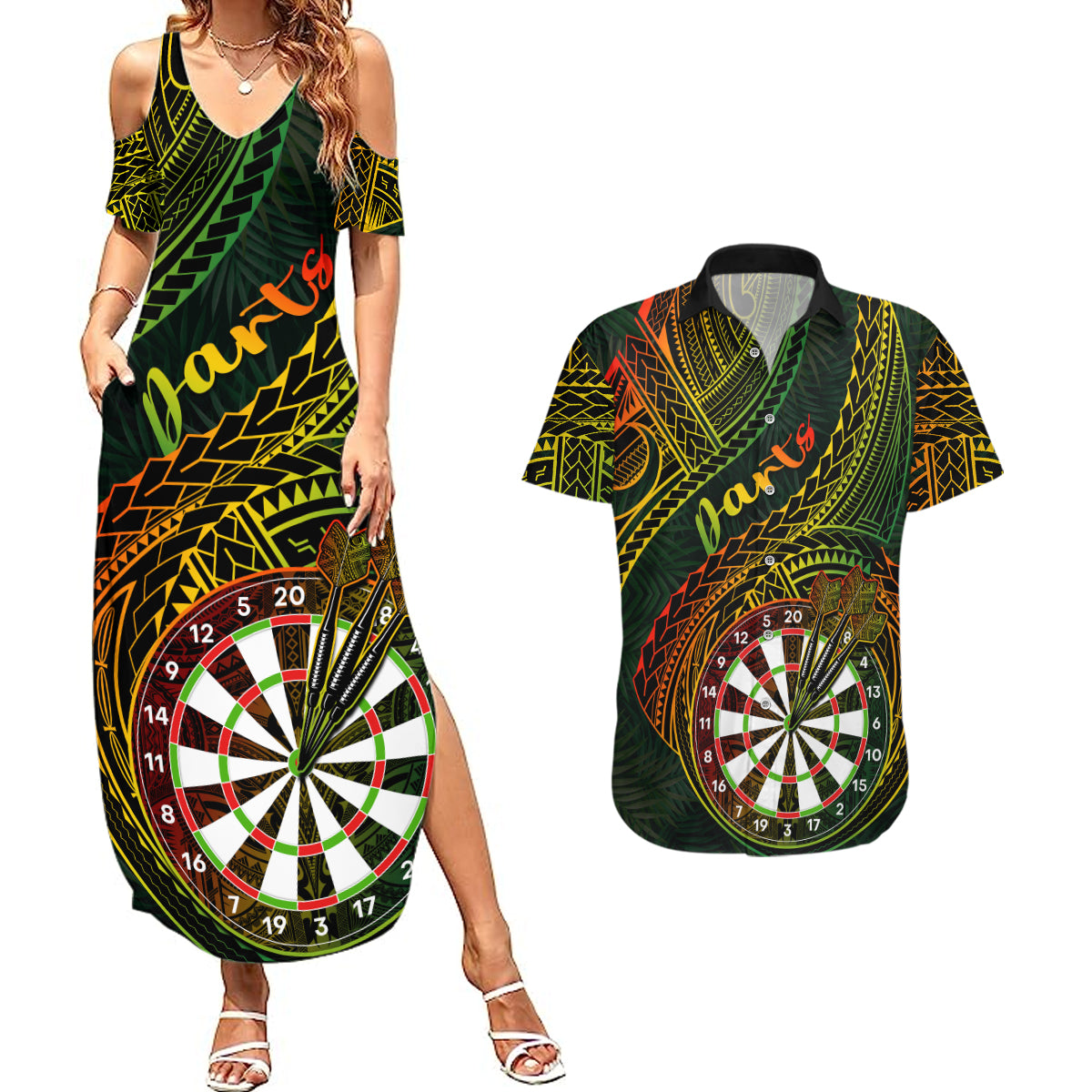 Personalised Polynesian Darts Couples Matching Summer Maxi Dress and Hawaiian Shirt Dart Lovers Tribal Pattern Mix Tropical Leaves - Wonder Print Shop