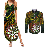 Personalised Polynesian Darts Couples Matching Summer Maxi Dress and Long Sleeve Button Shirts Dart Lovers Tribal Pattern Mix Tropical Leaves - Wonder Print Shop