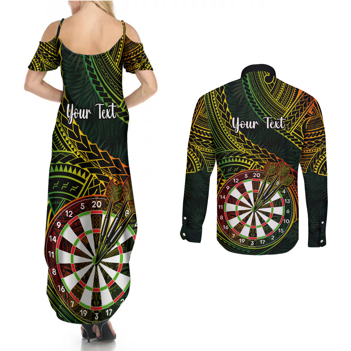 Personalised Polynesian Darts Couples Matching Summer Maxi Dress and Long Sleeve Button Shirts Dart Lovers Tribal Pattern Mix Tropical Leaves - Wonder Print Shop