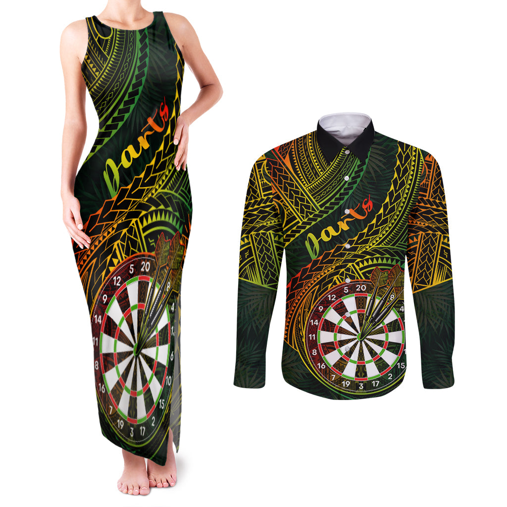 Personalised Polynesian Darts Couples Matching Tank Maxi Dress and Long Sleeve Button Shirts Dart Lovers Tribal Pattern Mix Tropical Leaves - Wonder Print Shop