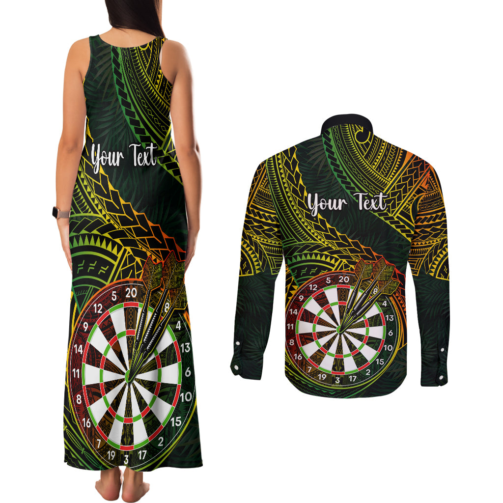 Personalised Polynesian Darts Couples Matching Tank Maxi Dress and Long Sleeve Button Shirts Dart Lovers Tribal Pattern Mix Tropical Leaves - Wonder Print Shop
