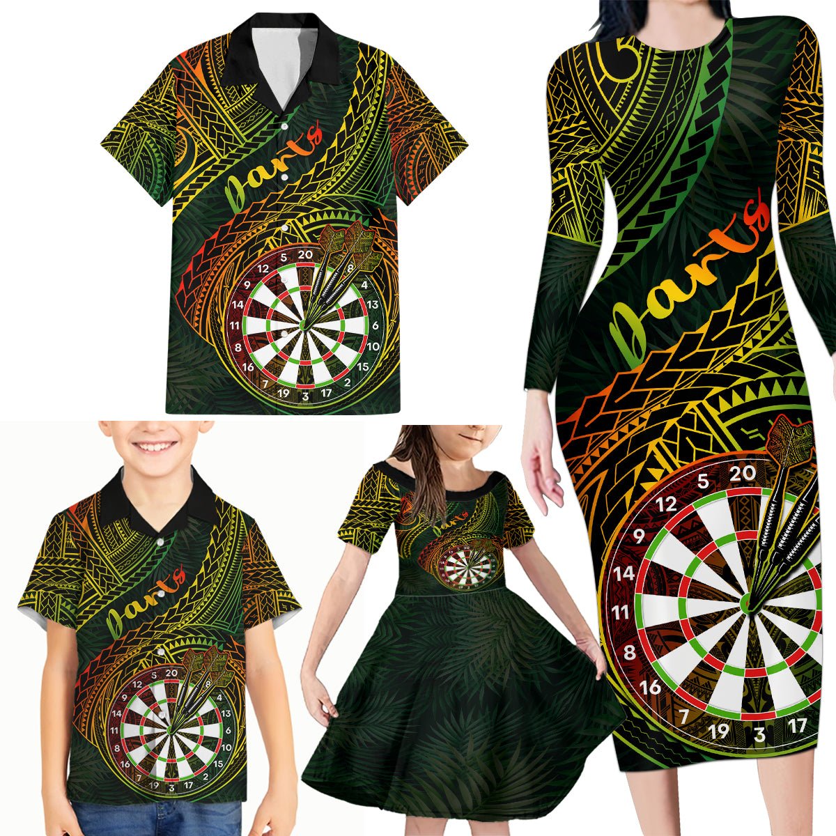 Personalised Polynesian Darts Family Matching Long Sleeve Bodycon Dress and Hawaiian Shirt Dart Lovers Tribal Pattern Mix Tropical Leaves - Wonder Print Shop