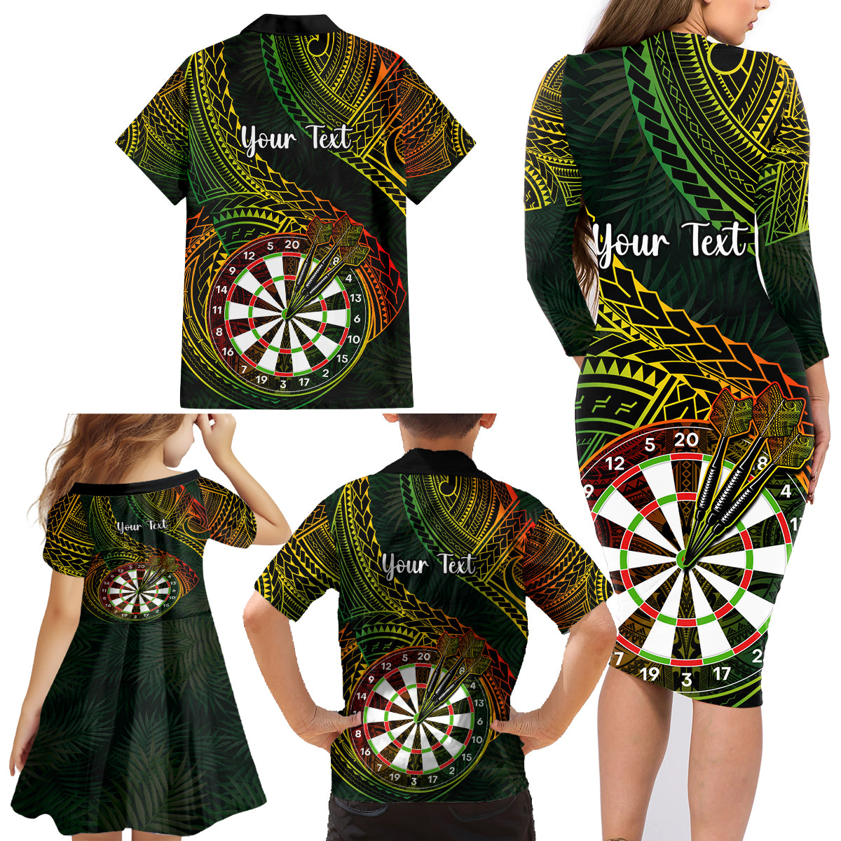 Personalised Polynesian Darts Family Matching Long Sleeve Bodycon Dress and Hawaiian Shirt Dart Lovers Tribal Pattern Mix Tropical Leaves - Wonder Print Shop
