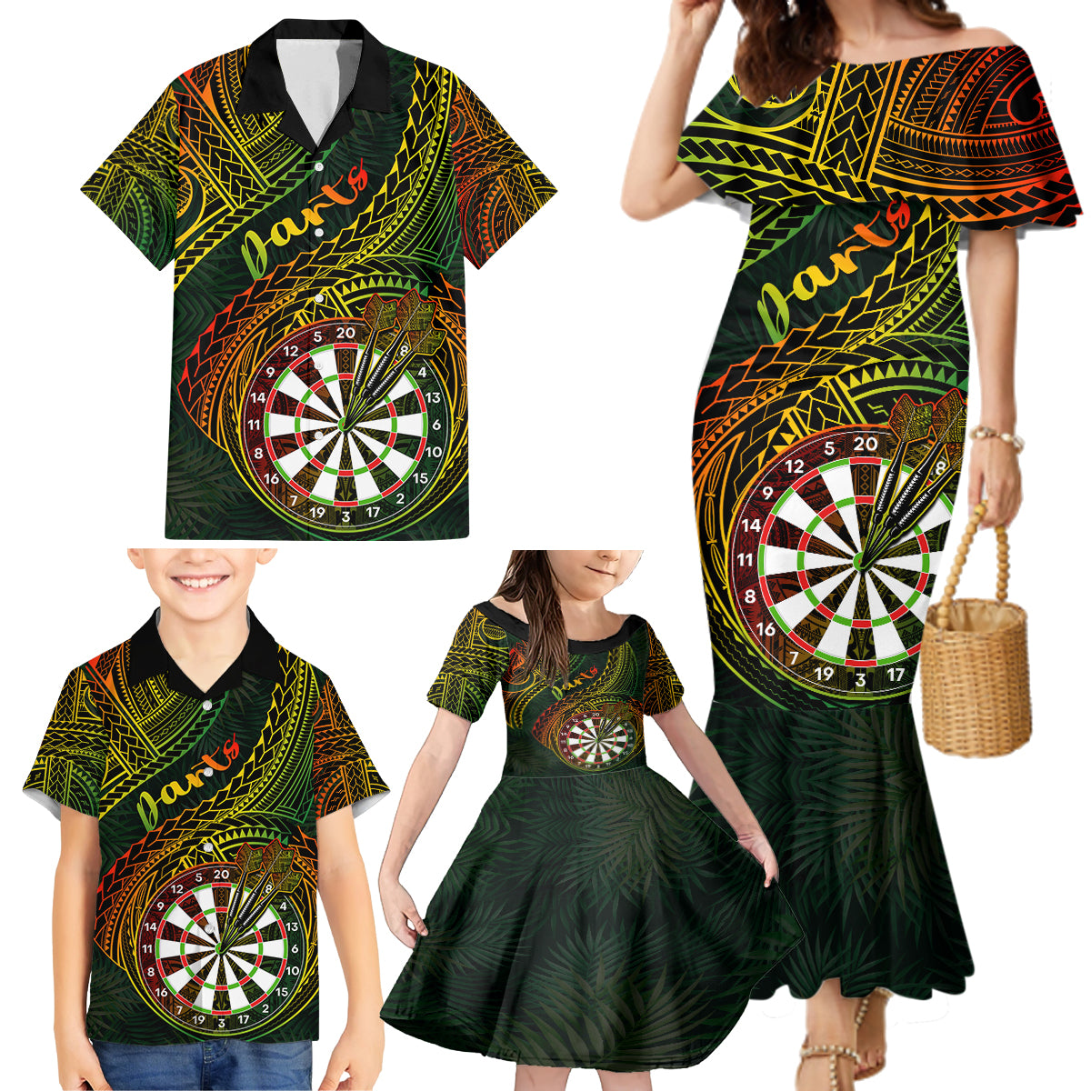 Personalised Polynesian Darts Family Matching Mermaid Dress and Hawaiian Shirt Dart Lovers Tribal Pattern Mix Tropical Leaves - Wonder Print Shop