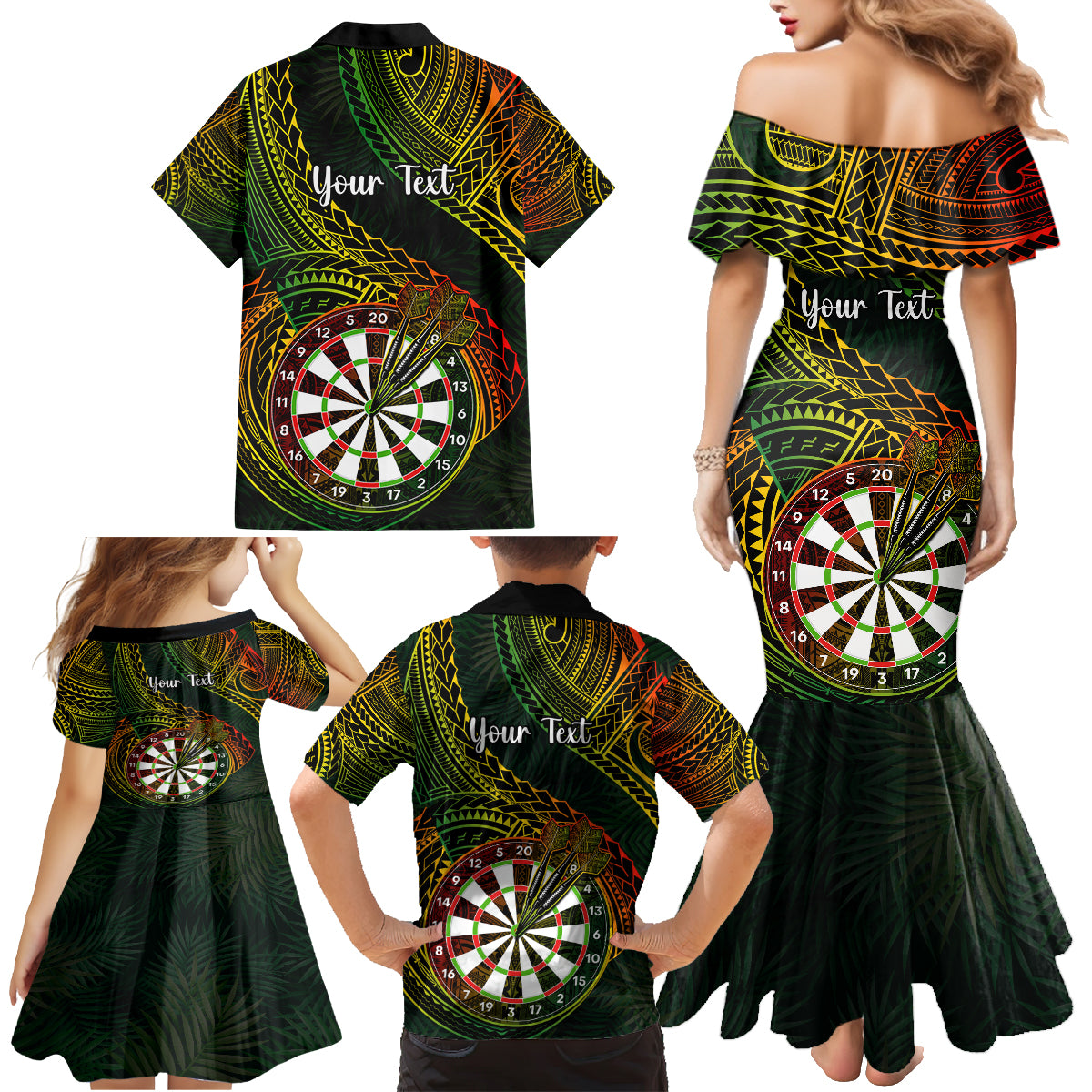 Personalised Polynesian Darts Family Matching Mermaid Dress and Hawaiian Shirt Dart Lovers Tribal Pattern Mix Tropical Leaves - Wonder Print Shop