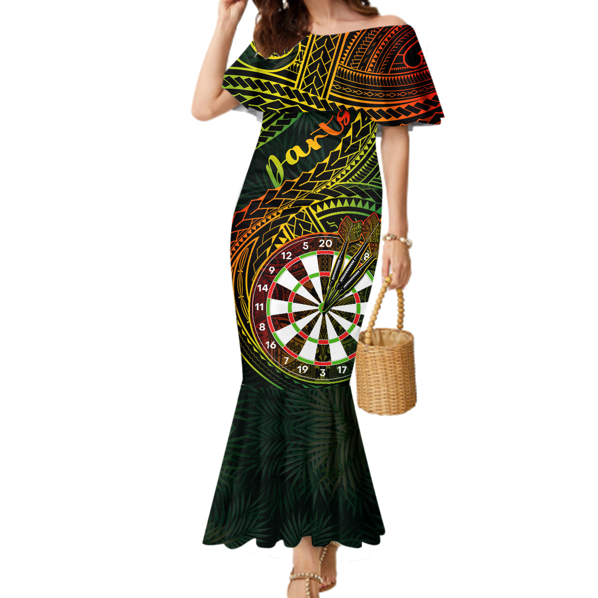 Personalised Polynesian Darts Family Matching Mermaid Dress and Hawaiian Shirt Dart Lovers Tribal Pattern Mix Tropical Leaves - Wonder Print Shop