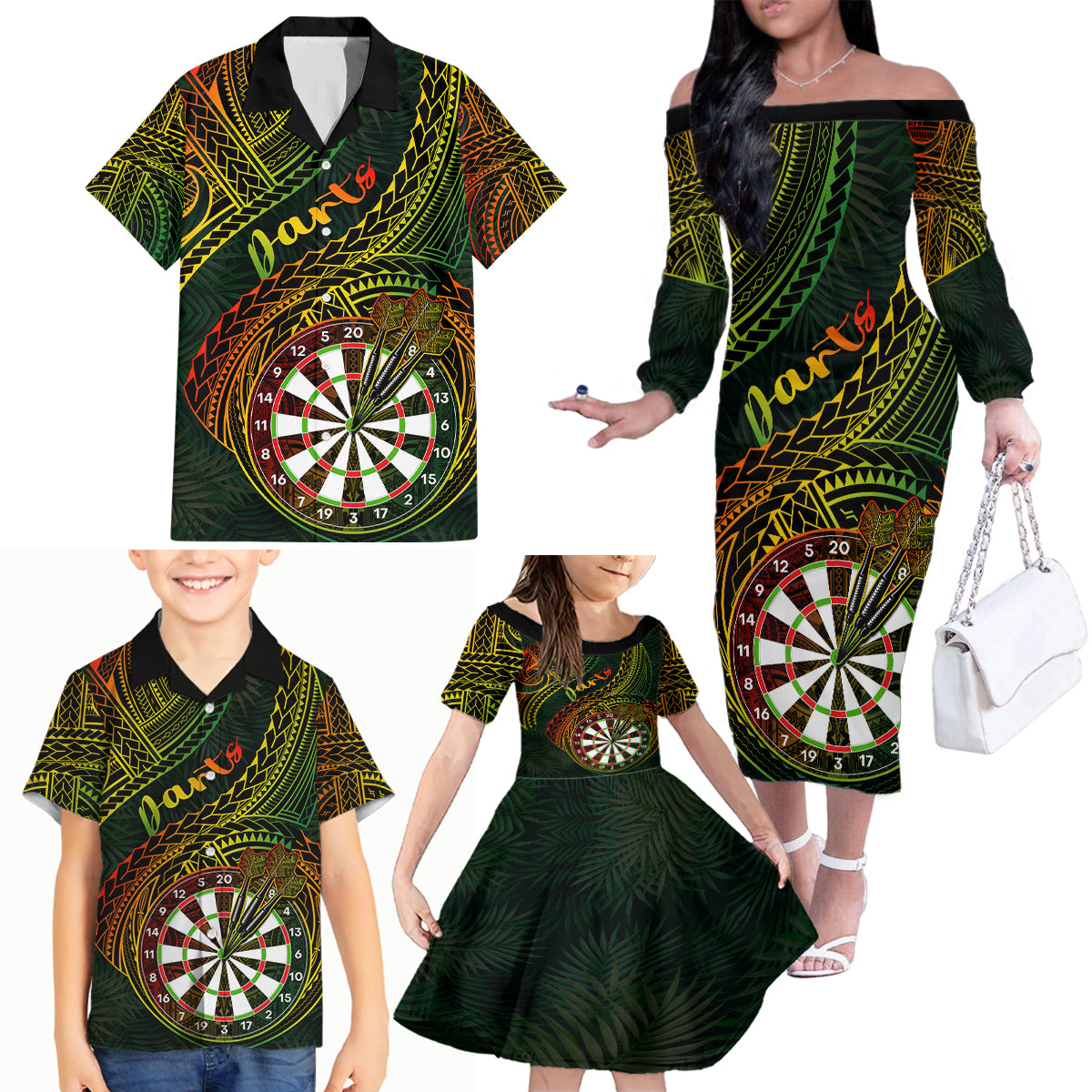 Personalised Polynesian Darts Family Matching Off Shoulder Long Sleeve Dress and Hawaiian Shirt Dart Lovers Tribal Pattern Mix Tropical Leaves - Wonder Print Shop