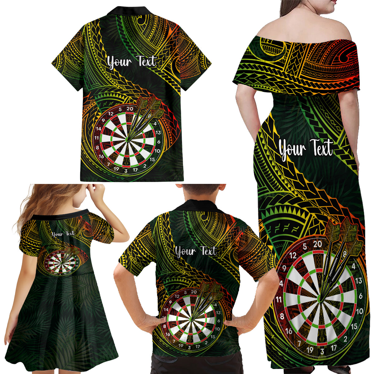 Personalised Polynesian Darts Family Matching Off Shoulder Long Sleeve Dress and Hawaiian Shirt Dart Lovers Tribal Pattern Mix Tropical Leaves - Wonder Print Shop