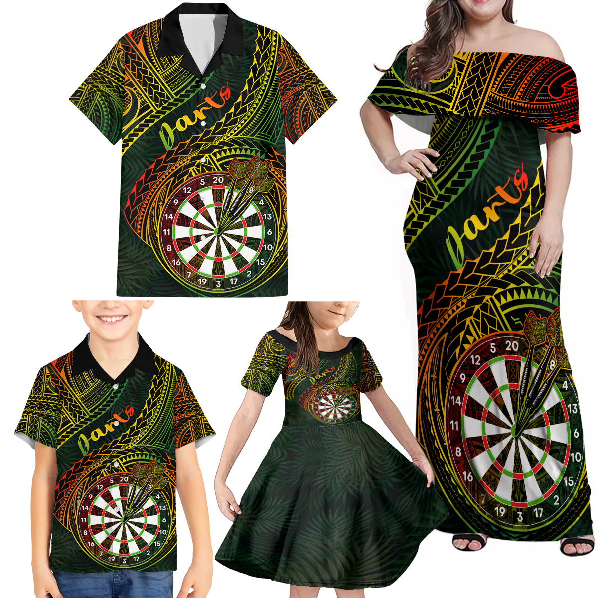 Personalised Polynesian Darts Family Matching Off Shoulder Maxi Dress and Hawaiian Shirt Dart Lovers Tribal Pattern Mix Tropical Leaves - Wonder Print Shop