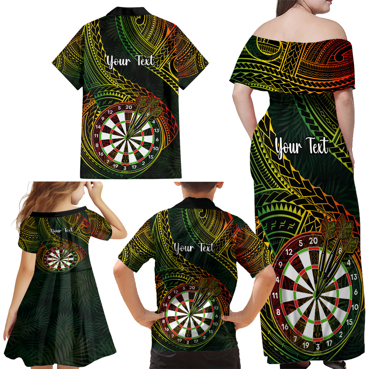 Personalised Polynesian Darts Family Matching Off Shoulder Maxi Dress and Hawaiian Shirt Dart Lovers Tribal Pattern Mix Tropical Leaves - Wonder Print Shop