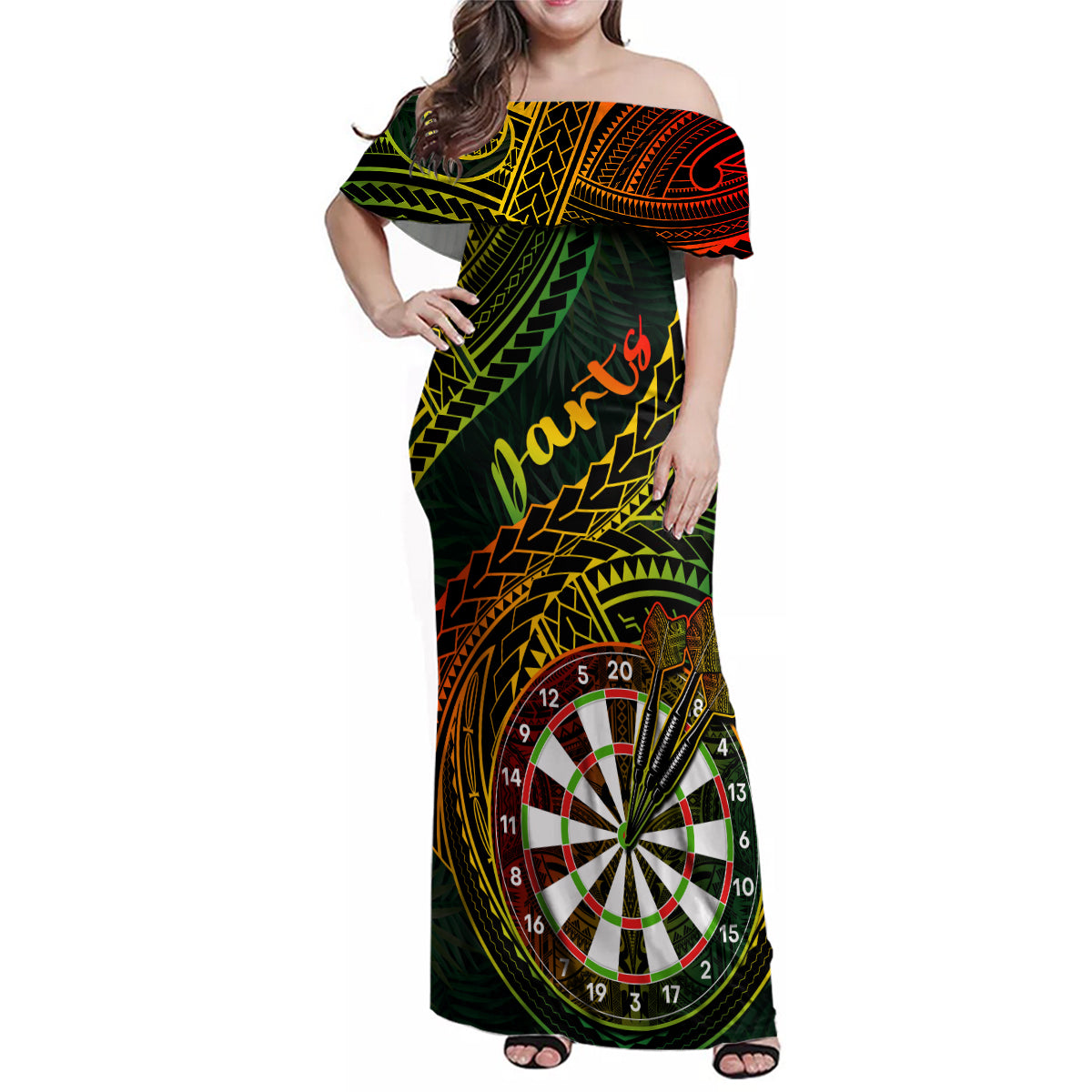 Personalised Polynesian Darts Family Matching Off Shoulder Maxi Dress and Hawaiian Shirt Dart Lovers Tribal Pattern Mix Tropical Leaves - Wonder Print Shop