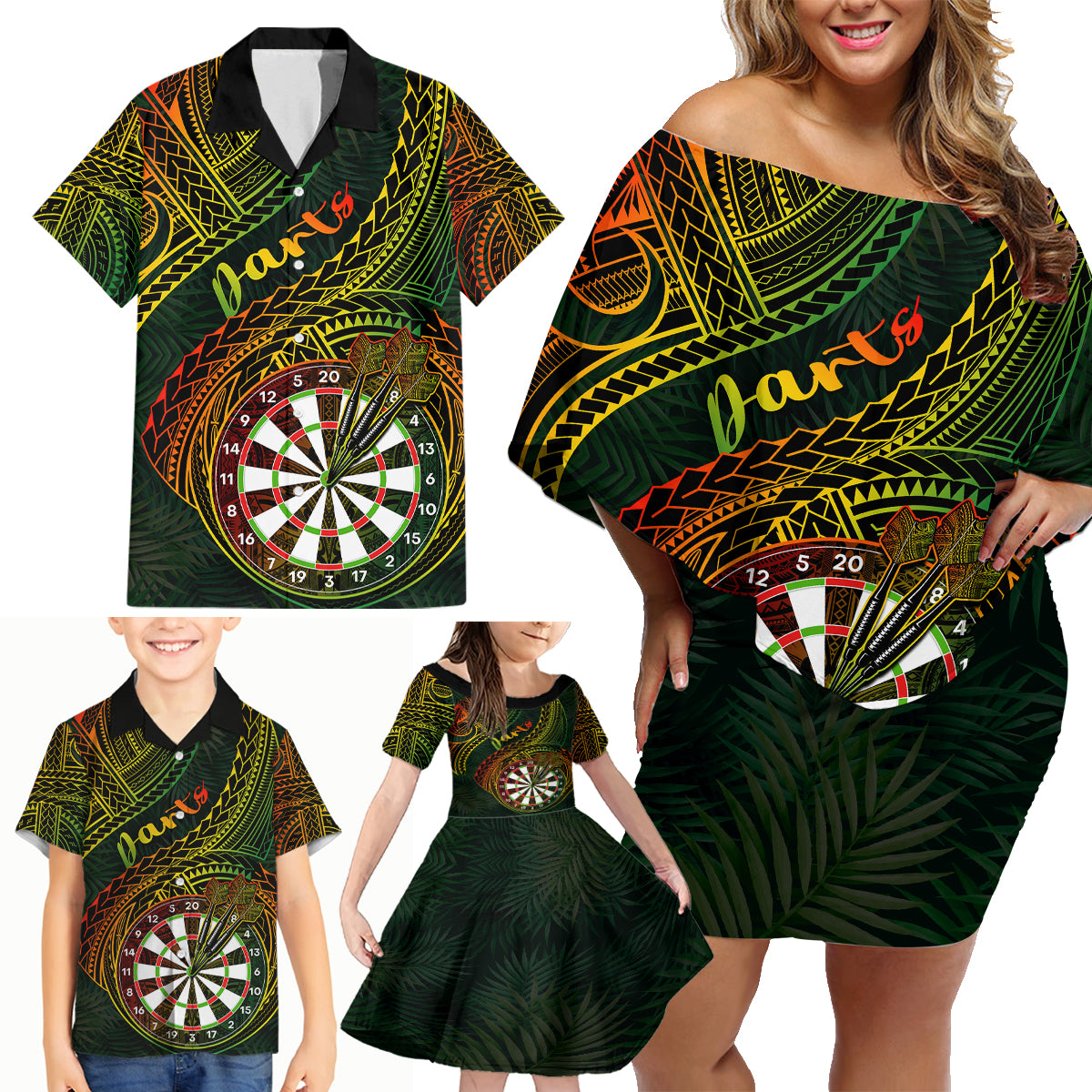 Personalised Polynesian Darts Family Matching Off Shoulder Short Dress and Hawaiian Shirt Dart Lovers Tribal Pattern Mix Tropical Leaves - Wonder Print Shop