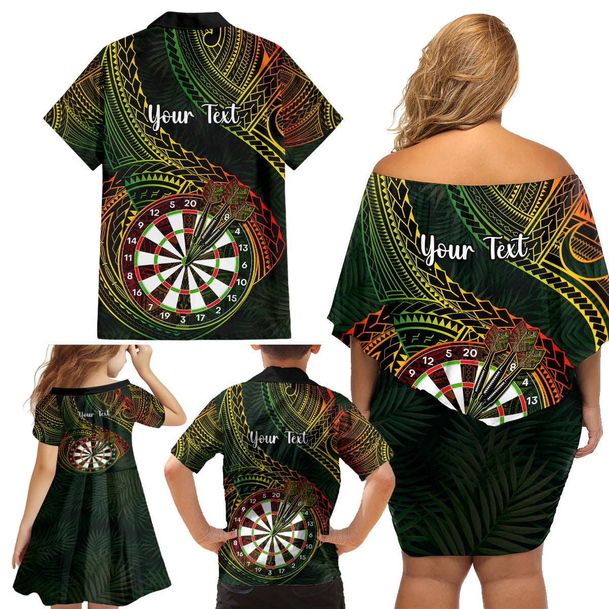 Personalised Polynesian Darts Family Matching Off Shoulder Short Dress and Hawaiian Shirt Dart Lovers Tribal Pattern Mix Tropical Leaves - Wonder Print Shop