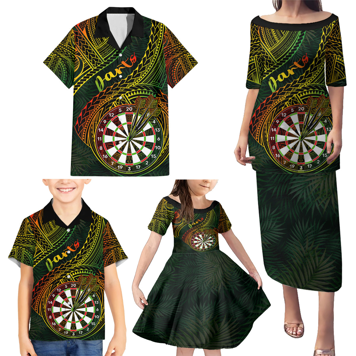Personalised Polynesian Darts Family Matching Puletasi Dress and Hawaiian Shirt Dart Lovers Tribal Pattern Mix Tropical Leaves - Wonder Print Shop
