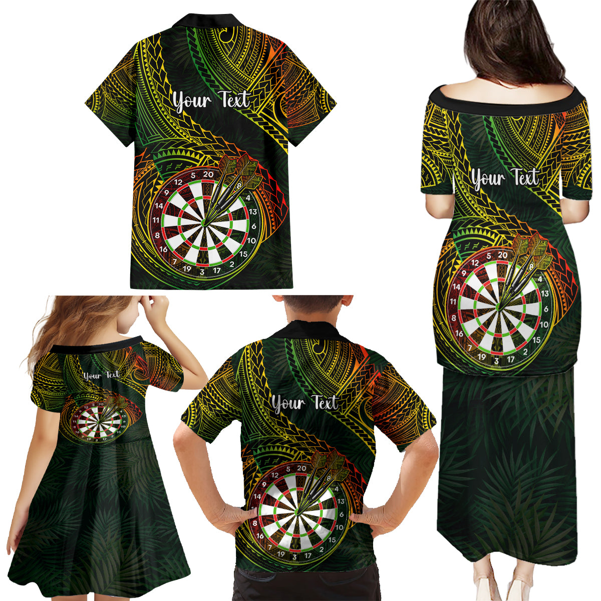 Personalised Polynesian Darts Family Matching Puletasi Dress and Hawaiian Shirt Dart Lovers Tribal Pattern Mix Tropical Leaves - Wonder Print Shop