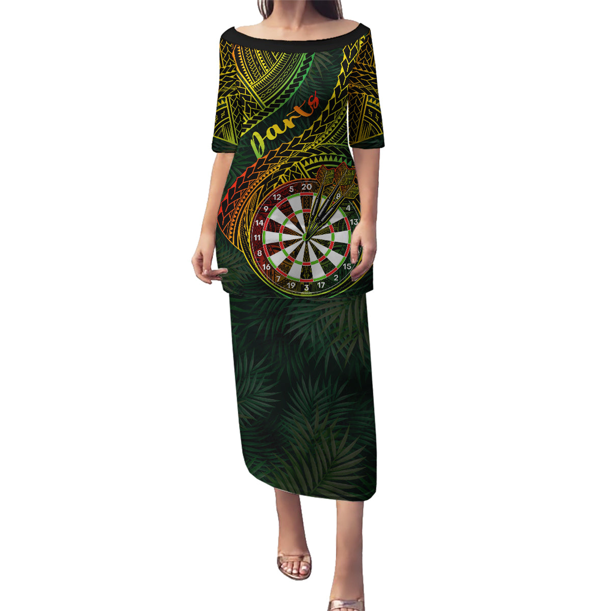 Personalised Polynesian Darts Family Matching Puletasi Dress and Hawaiian Shirt Dart Lovers Tribal Pattern Mix Tropical Leaves - Wonder Print Shop