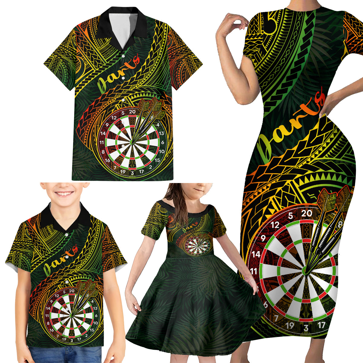 Personalised Polynesian Darts Family Matching Short Sleeve Bodycon Dress and Hawaiian Shirt Dart Lovers Tribal Pattern Mix Tropical Leaves - Wonder Print Shop