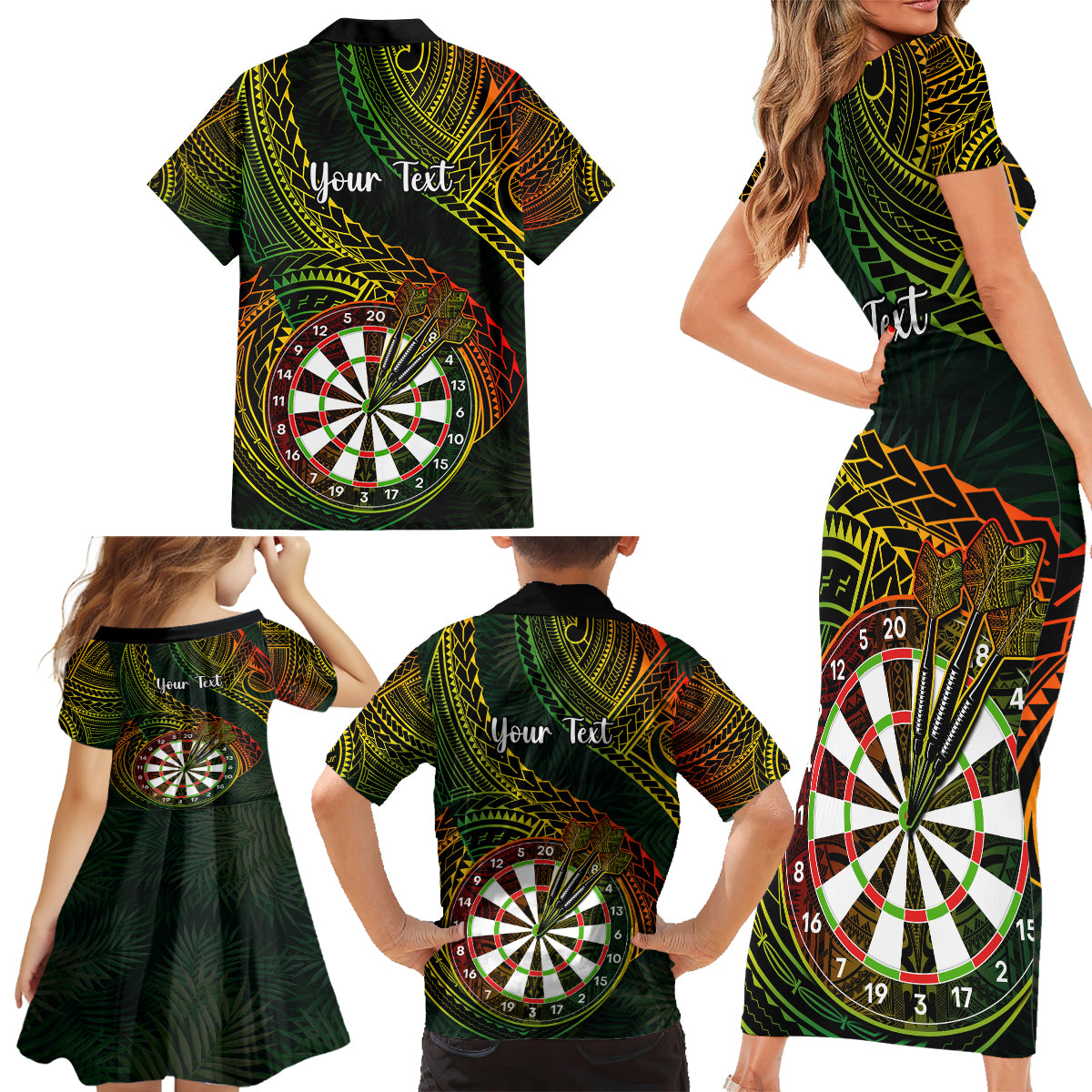 Personalised Polynesian Darts Family Matching Short Sleeve Bodycon Dress and Hawaiian Shirt Dart Lovers Tribal Pattern Mix Tropical Leaves - Wonder Print Shop